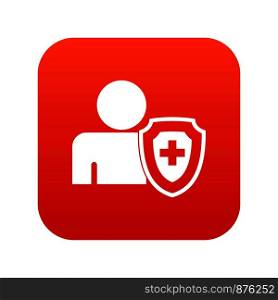 Person and medical cross protection shield icon digital red for any design isolated on white vector illustration. Person and medical cross protection shield icon digital red