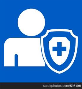 Person and medical cross protection shield icon white isolated on blue background vector illustration. Person and medical cross protection shield icon white
