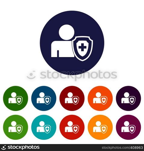 Person and medical cross protection shield set icons in different colors isolated on white background. Medical cross protection shield set icons