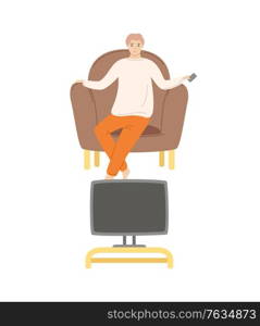 Person at home, male watching movies sitting in comfortable armchair and holding remote control in hand, television and show programs broadcasting. Vector illustration in flat cartoon style. Man Home Alone, Watching Film Sitting on Pouf