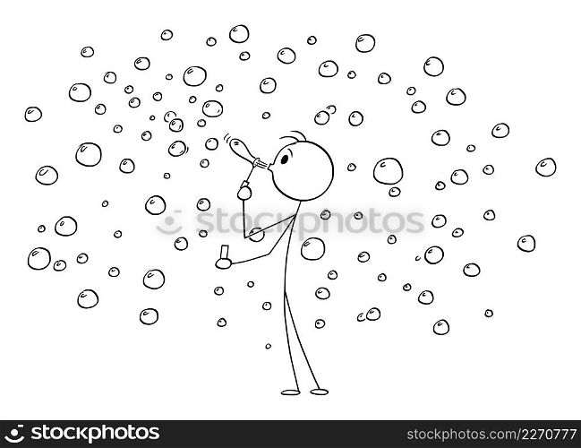 Person blowing soap bubbles from toy blower, vector cartoon stick figure or character illustration.. Person Blowing Soap Bubbles, Vector Cartoon Stick Figure Illustration