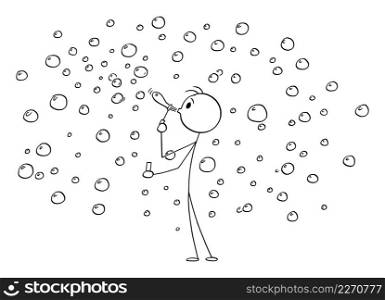Person blowing soap bubbles from toy blower, vector cartoon stick figure or character illustration.. Person Blowing Soap Bubbles, Vector Cartoon Stick Figure Illustration