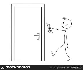 Person bringing key to locked door,problem and solution, vector cartoon stick figure or character illustration.. Locked Door, Person Bringing Key, Concept of Problem and Solution, Vector Cartoon Stick Figure Illustration