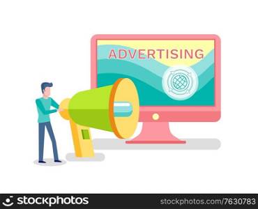 Person broadcasting information worldwide. Laptop with globe icon, man holding megaphone talking to world. Business marketing technology idea. Vector illustration in flat cartoon style. Internet Advertising Worldwide, Man with Megaphone