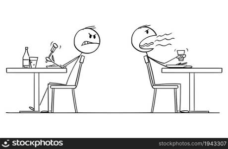 Person burping after eating dinner or lunch in restaurant, angry guest is watching it, vector cartoon stick figure or character illustration.. Person Burping After Eating Lunch or Dinner in Restaurant, Vector Cartoon Stick Figure Illustration