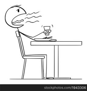 Person burping after eating dinner or lunch in restaurant or home, vector cartoon stick figure or character illustration.. Person Burping After Eating Lunch or Dinner in Restaurant, Vector Cartoon Stick Figure Illustration