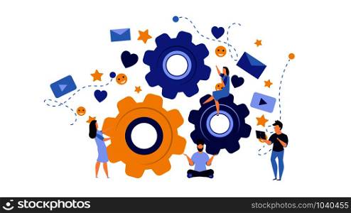 Person business team work vector concept illustration with cogwheel design. Businessman group success office icon background. Company partnership cooperation character. Creative development job
