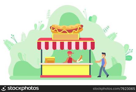 Person buying food from store in park vector, seller and client on summer market. Snack kiosk with hot dogs, bun with ketchup and mustard mayonnaise meal. Flat cartoon. Hot Dog Stall Summer Market, Seller and Customer