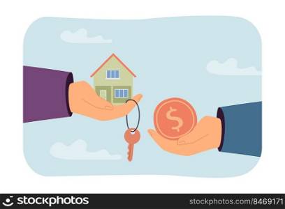 Person buying house. Two hands exchanging coin on house and keys. Purchase, real estate concept for banner, website design or landing web page