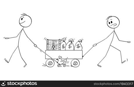 Person cares about wealth and money, mad man is wise enough to enjoy the life instead, vector cartoon stick figure or character illustration.. Person Cares about Money and Wealth, Wise Mad Man Enjoying the Life, Vector Cartoon Stick Figure Illustration