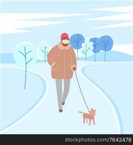 Person caring for pet walking dog on leash. Woman wearing warm clothes strolling street with small doggy. Snowy and frosty weather outside. Scenery with trees. Female character vector in flat. Woman Walking Dog Pet in Winter Cold Season Vector
