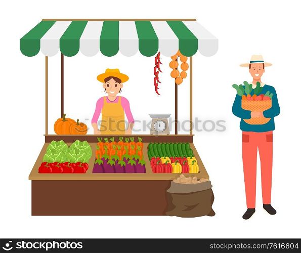 Person carrying basket with carrots vector, harvesting and selling production isolated tent with fruits and veggies in containers, pumpkin and peppers. Harvesting and Selling Organic Products on Market