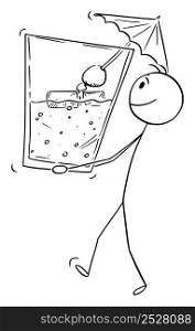 Person carrying big glass of alcoholic drink or cocktail, vector cartoon stick figure or character illustration.. Person Holding Big Alcoholic Drink Glass with Cocktail, Vector Cartoon Stick Figure Illustration