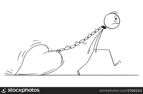 Person chained to big love heart, loving slave, vector cartoon stick figure or character illustration.. Person in Love with Heart on Chain, Loving Slave , Vector Cartoon Stick Figure Illustration