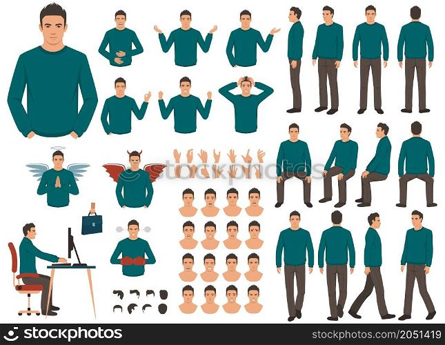 person character set. Front, side, back view animated character. Standing man character in blouse and pants face emotions, poses, gestures,walking, sitting .Cartoon style, flat isolated vector