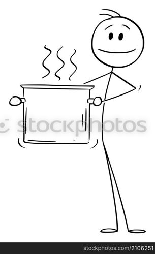 Person, chef or cook holding big pot of boiling water or food, vector cartoon stick figure or character illustration.. Cook or Chef Holding Big Pot of Boiling Food or Water, Vector Cartoon Stick Figure Illustration