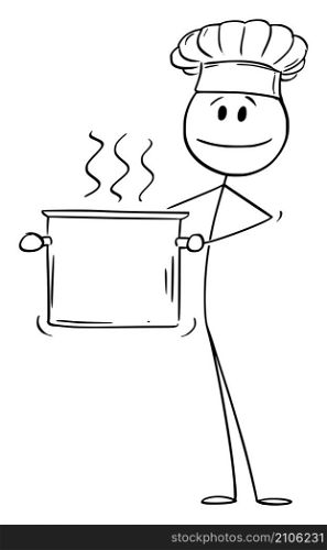 Person, chef or cook in Hat holding big pot of boiling water or food, vector cartoon stick figure or character illustration.. Cook or Chef in Hat Holding Big Pot of Boiling Food or Water, Vector Cartoon Stick Figure Illustration