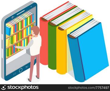 Person chooses book in digital online library on smartphone with app. Distance education with modern technology application in phone. Screen with virtual bookshelves and stacks of multicolored books. Person chooses book in digital online library on smartphone. Distance education with modern app