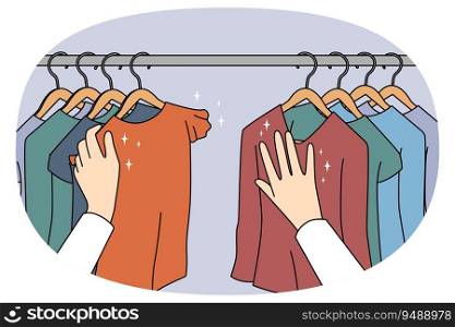 Person choosing clothes on hangers in shop. Client or customer renew wardrobe buying garment in boutique. Shopping and consumerism. Vector illustration.. Person shopping for clothes in boutique