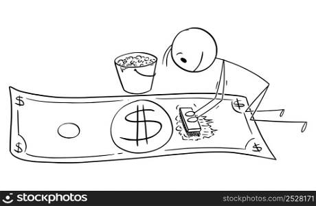 Person cleaning or laundering dollar bill or money, vector cartoon stick figure or character illustration.. Person, Criminal or Businessman Laundering Money or Dollar Bill, Vector Cartoon Stick Figure Illustration