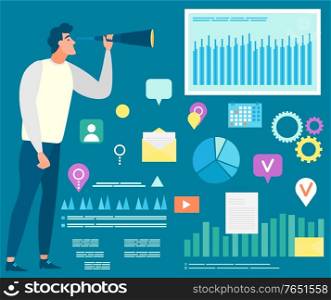 Person conducting business research vector, man with charts and information on screen. Visual representation of info data, message sign and cogwheel. Man with Charts and Icons, Analysis and Statistics
