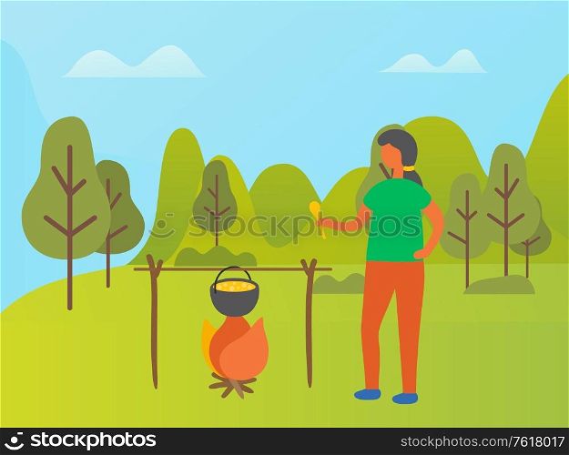 Person cooking on nature vector, lady with pot and boiling liquid in it. Woman holding spoon, preparing soup for picnic, camping girl in forest or park. Young Woman Cooking Food Picnic in Park Forest