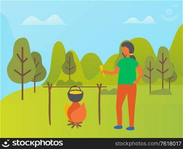 Person cooking on nature vector, lady with pot and boiling liquid in it. Woman holding spoon, preparing soup for picnic, camping girl in forest or park. Young Woman Cooking Food Picnic in Park Forest