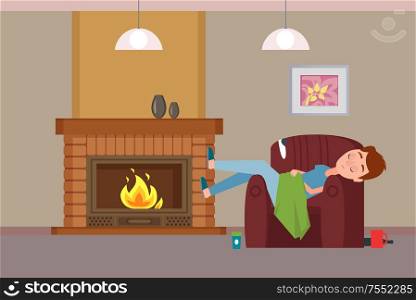 Person covered with blanket sleeping by fireplace vector, Teenage boy on armchair resting by warmth, picture on wall, cup with coffee beverage and lamps. Person Covered with Blanket Sleeping by Fireplace