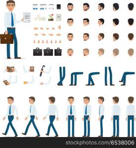 Person Creation Set in Simple Cartoon Design.. Person creation set. Man with bag and list of paper. Icons with different types of faces, emotions, clothes. Front, side, back view of male person. Moving arms, legs. Glasses. Envelopes. Vector