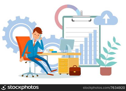 Person dealing with partners on phone, business conversation flat style. Businessman boss sitting by table. Clipboard with chart and cogwheel. Vector illustration in flat cartoon style. Businessman at Workplace, Boss Talking on Phone