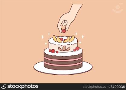Person decorate cake with fruits. Chef preparing homemade delicious pie. Dessert and confectionary. Flat vector illustration. . Person decorate cake with fruit