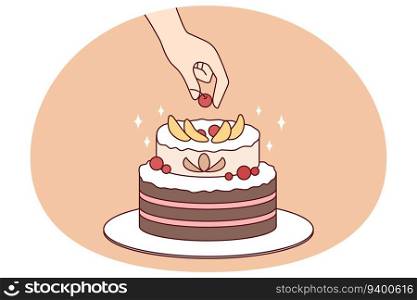 Person decorate cake with fruits. Chef preparing homemade delicious pie. Dessert and confectionary. Flat vector illustration.. Person decorate cake with fruit