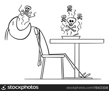 Person dies after eating contaminated or poisonous food, lunch or dinner, vector cartoon stick figure or character illustration.. Person Dies After Eating Poisonous or Contaminated Food , Vector Cartoon Stick Figure Illustration