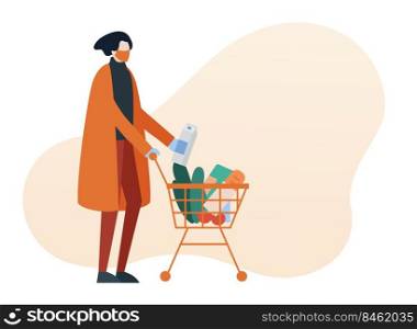 Person doing grocery shopping while wearing face mask and gloves for protection. Covid, social distance, lifestyle, pandemic concept. Cartoon faceless character. Flat vector illustration.. Person doing grocery shopping while wearing face mask and gloves for protection.