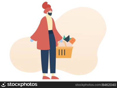 Person doing grocery shopping while wearing face mask and gloves for protection. Covid, social distance, lifestyle, pandemic concept. Cartoon faceless character. Flat vector illustration.. Person doing grocery shopping while wearing face mask and gloves for protection.