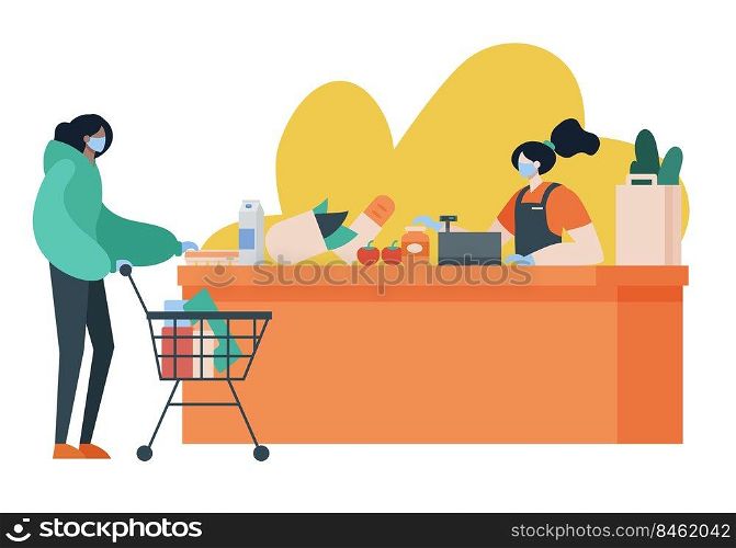 Person doing grocery shopping while wearing face mask and gloves for protection. Covid, social distance, lifestyle, pandemic concept. Cartoon faceless character. Flat vector illustration.. Person doing grocery shopping while wearing face mask and gloves.