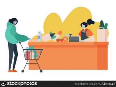 Person doing grocery shopping while wearing face mask and gloves for protection. Covid, social distance, lifestyle, pandemic concept. Cartoon faceless character. Flat vector illustration.. Person doing grocery shopping while wearing face mask and gloves.