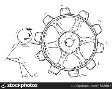 Person dragging big cogwheel, concept of inspiration, idea and problem solution, vector cartoon stick figure or character illustration.. Person Dragging Big Cogwheel, Concept of Problem Solution, Inspiration and Idea, Vector Cartoon Stick Figure Illustration