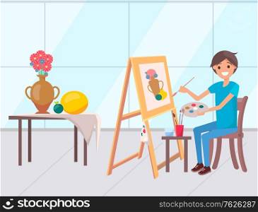 Person drawing picture on easel vector, boy learning to paint. Still life nature morte, vase with flowers on table. Person smiling holding palette colors. Flat cartoon. Artist Painting Drawing, Still Life Painting Easel