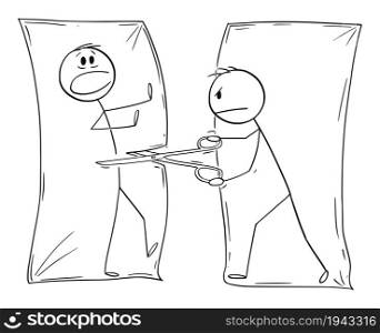 Person drawn on paper cutting another man with scissors, concept of competition and violence , vector cartoon stick figure or character illustration.. Drawn Person Cutting Another Man Drawn on Paper with Scissors, Vector Cartoon Stick Figure Illustration