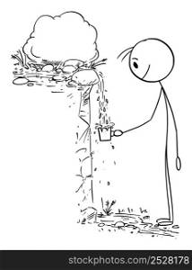 Person drinking clean water from fountain or spring in nature, vector cartoon stick figure or character illustration.. Person Drinking Water in Nature From Spring or Fountain, Vector Cartoon Stick Figure Illustration