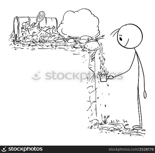 Person drinking contaminated or polluted water from fountain or spring in nature, vector cartoon stick figure or character illustration.. Person Drinking Polluted or Contaminated Water in Nature From Spring or Fountain, Vector Cartoon Stick Figure Illustration