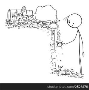Person drinking contaminated or polluted water from fountain or spring in nature, vector cartoon stick figure or character illustration.. Person Drinking Polluted or Contaminated Water in Nature From Spring or Fountain, Vector Cartoon Stick Figure Illustration