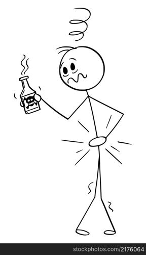 Person drinking poisonous drink or poison and feels sick with stomach and head pain, vector cartoon stick figure or character illustration.. Person Feels Sick After Drinking Poison, Stomach and Head Pain, Vector Cartoon Stick Figure Illustration