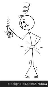 Person drinking poisonous drink or poison and feels sick with stomach and head pain, vector cartoon stick figure or character illustration.. Person Feels Sick After Drinking Poison, Stomach and Head Pain, Vector Cartoon Stick Figure Illustration
