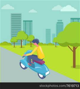 Person driving scooter by road, urban transport, back view of man or woman character in casual clothes on bike, driver on e-scooter, building vector. Driver Man Character on Scooter in City Vector
