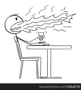 Person eating hot chilly dinner in restaurant, flames or fire is coming from his mouth. Vector cartoon stick figure or character illustration.. Person Sitting in Restaurant and Eating Very Hot Chilly Food, Fire Coming From Mouth, Vector Cartoon Stick Figure Illustration