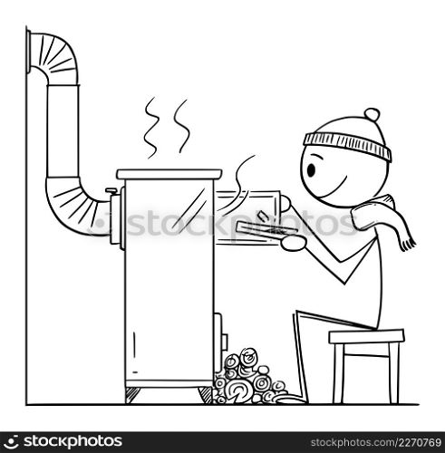 Person enjoying heat from small wood heater or stove, sitting and watching fire, vector cartoon stick figure or character illustration.. Person Sitting in Front of Small Wood Stove or Heater, Vector Cartoon Stick Figure Illustration