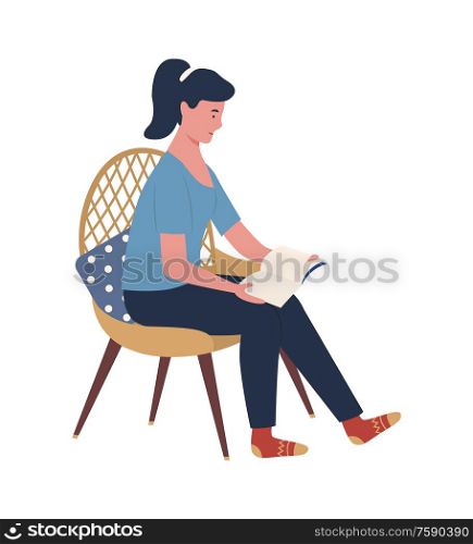 Person enjoying reading alone vector, woman sitting on chair with pillow on back holding book. Flat style isolated relaxing lady with ponytail at home. Woman Reading Hardcover Book, Sitting on Chair