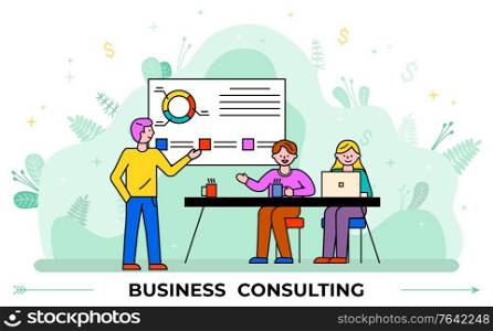 Person explaining or consulting people at table about business. Man stand near statistics chart and look on it. Data graph with caption on white board. Men and woman working together in office, vector. Man near Data Chart on Board, Business Consulting